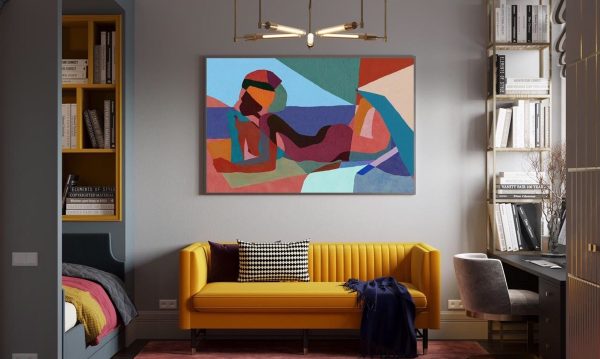 A bold yellow sofa and colorful wall picture will bring your children a space with full of colors. There are also two convenient shelves for users to put their favorite books.