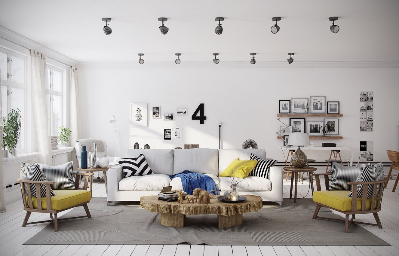 Yellow highlights combined with white, grey, and black creating a quite good visual stimulation. A rustic coffee table attracts views in this living room 