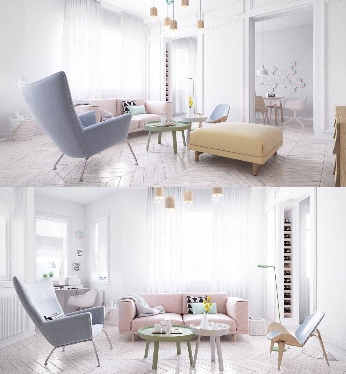 You may think that Scandinavian living room is mostly in white and grey, but it’s not really true. So sweet pastel colors like these also bring a different sophistication to the space