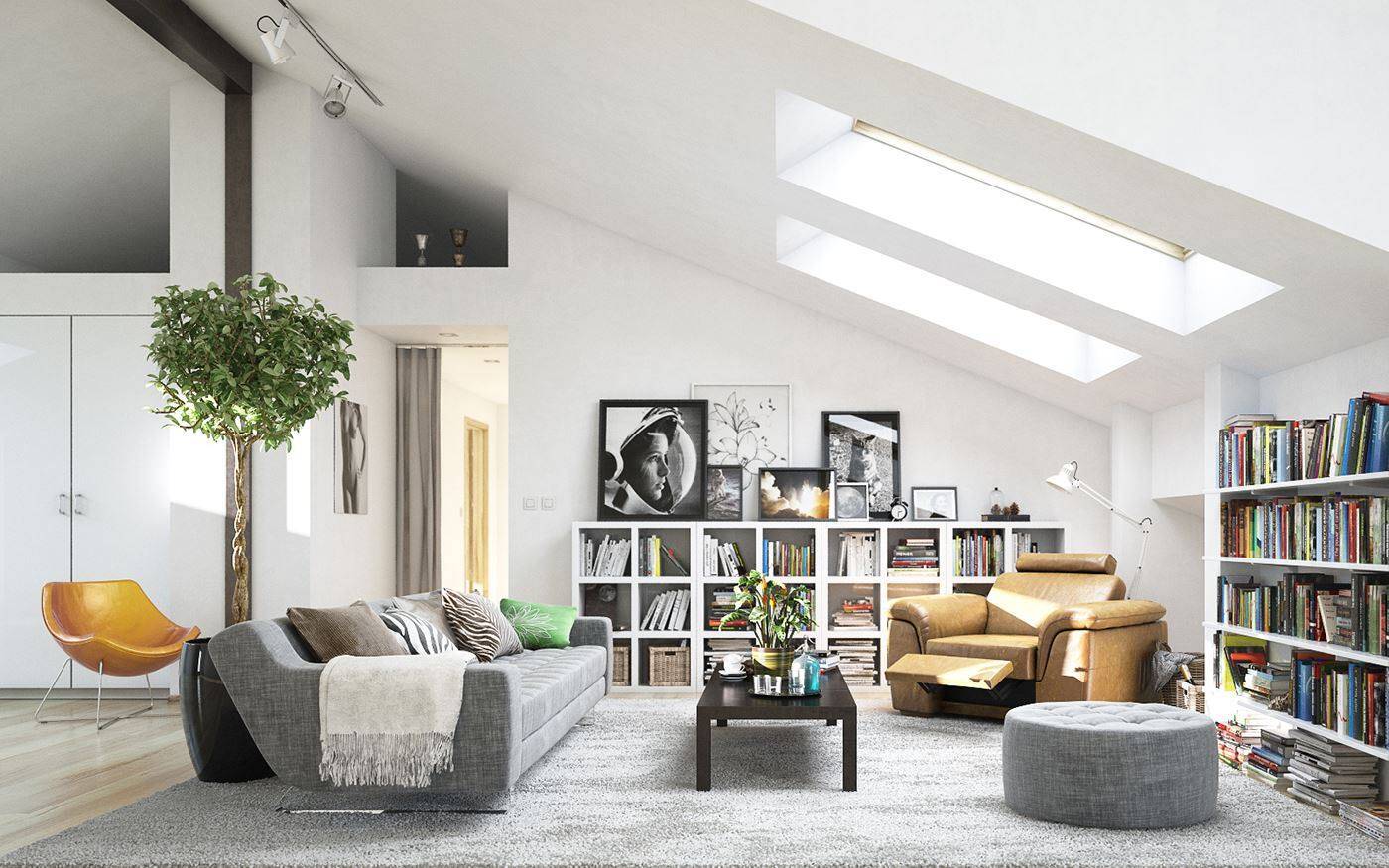 When sunlight creeps in through the skylight, it brightens up the entire space of this perfect living room. The room is arranged in Scandinavian style with the harmonious combination of light, indoor plants, color and layout.