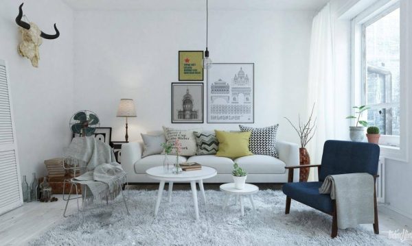 In Scandinavian style, you also can add impressive decoration items on a white wall. Feather carpets usually appear in the space of Scandinavian living room