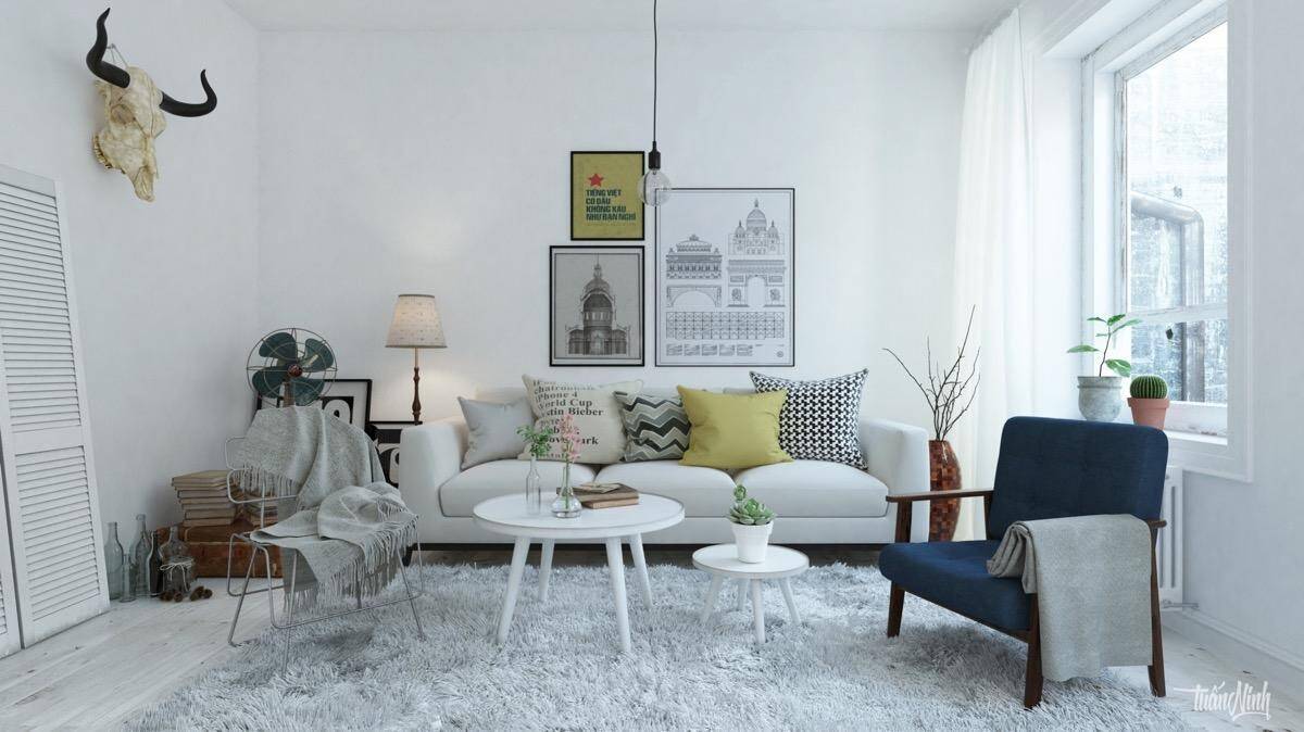 In Scandinavian style, you also can add impressive decoration items on a white wall. Feather carpets usually appear in the space of Scandinavian living room