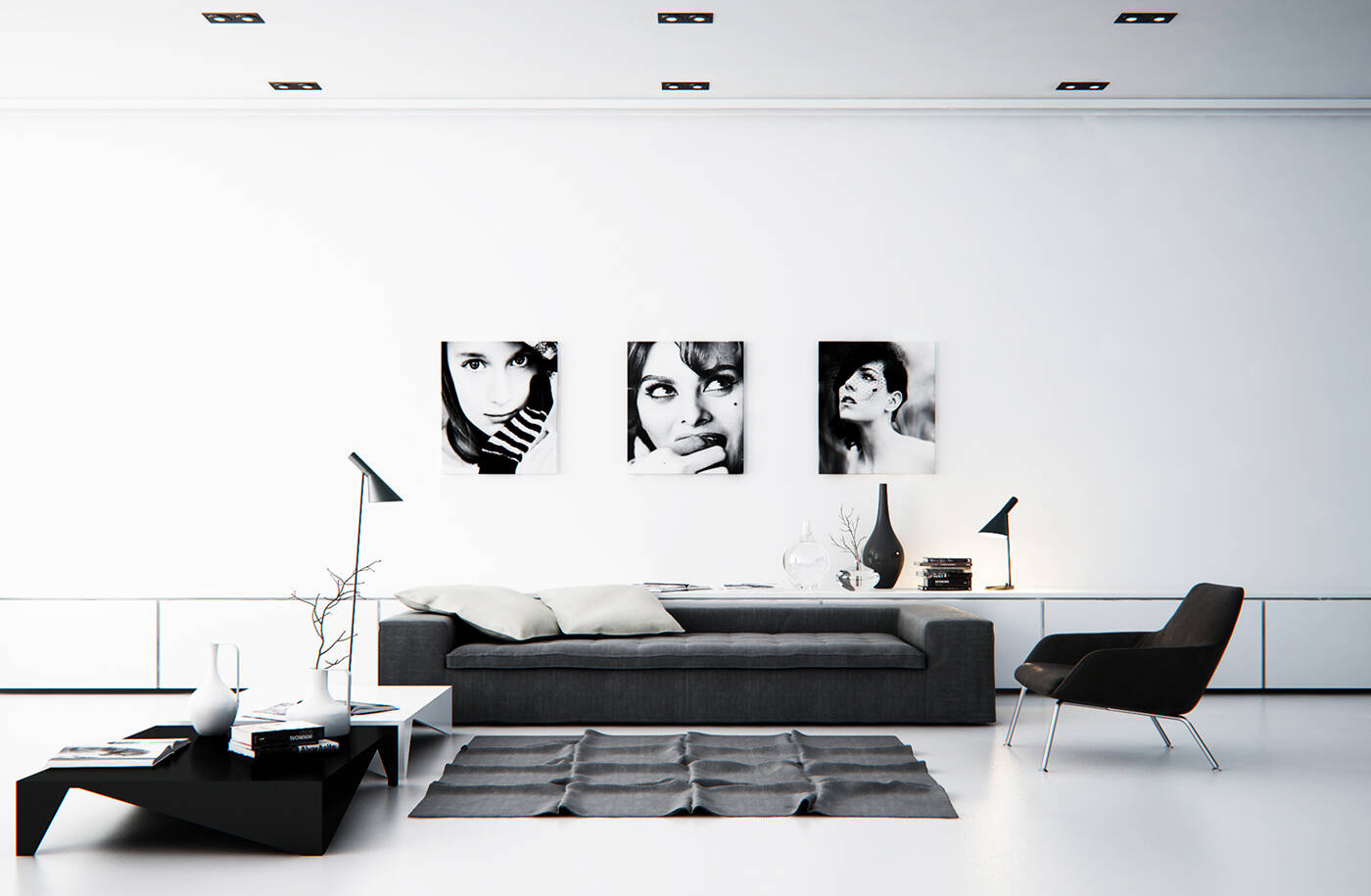 The black and white artworks perfectly fit in the contemporary space