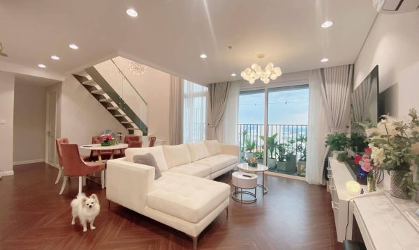 A large and airy home full of light from a glass window and system of LED lights.