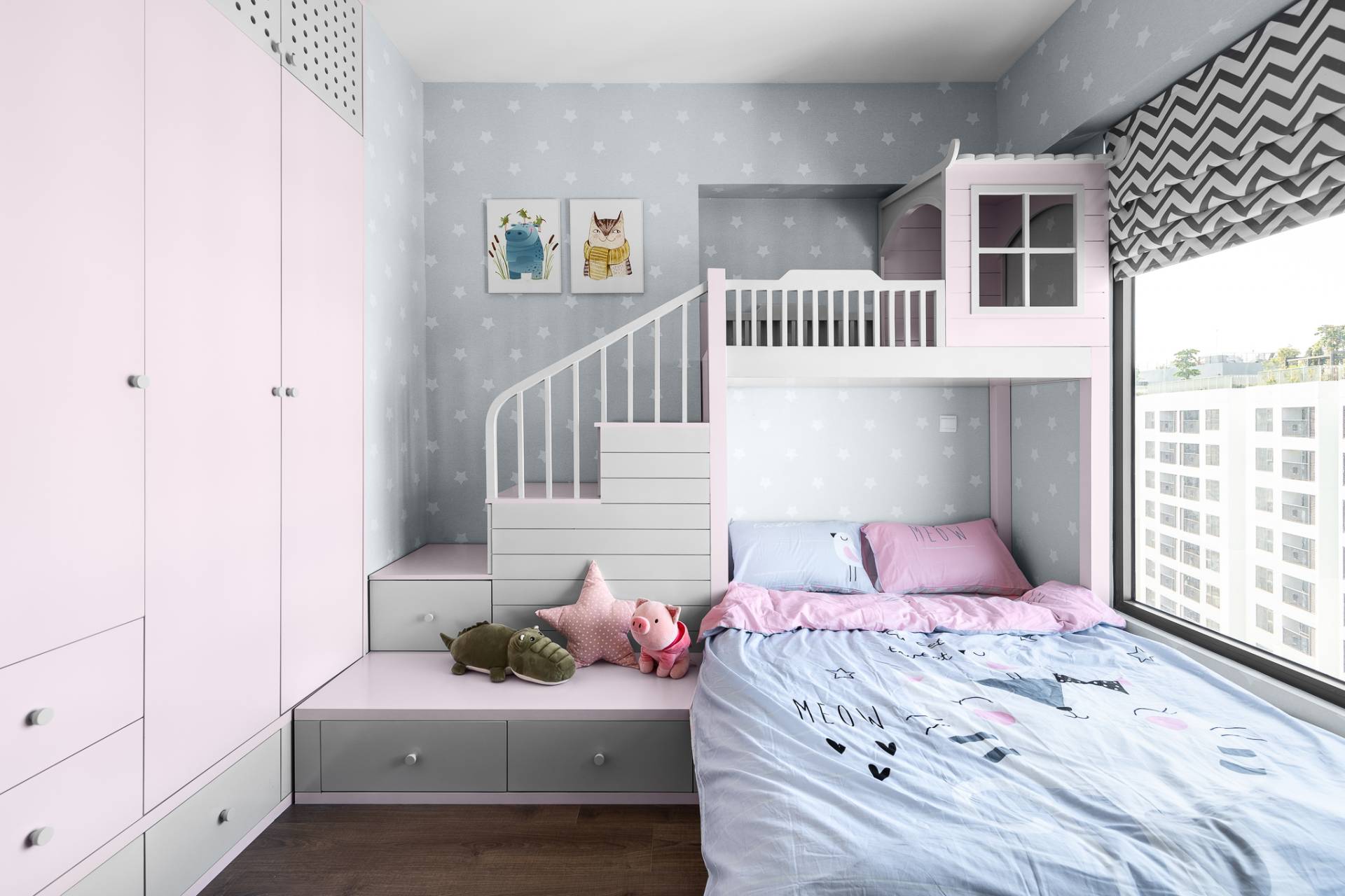 Sleeping space for children is adorned with bright colors