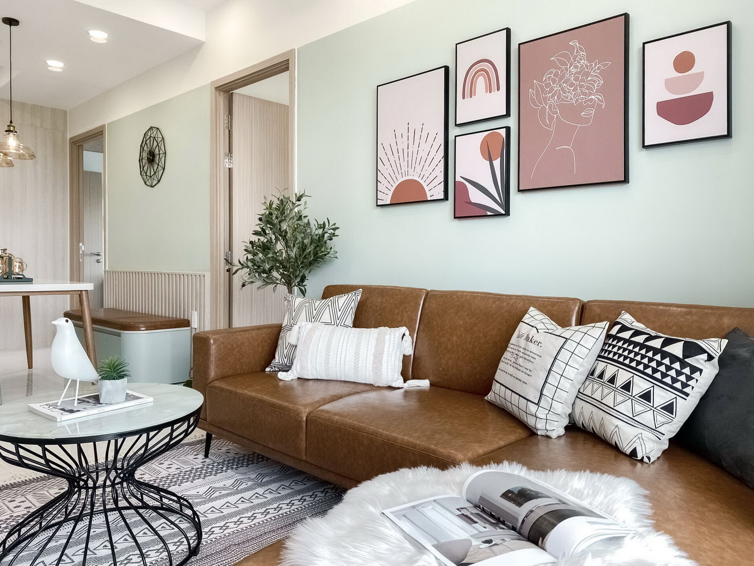 Art paintings add color to the living room.