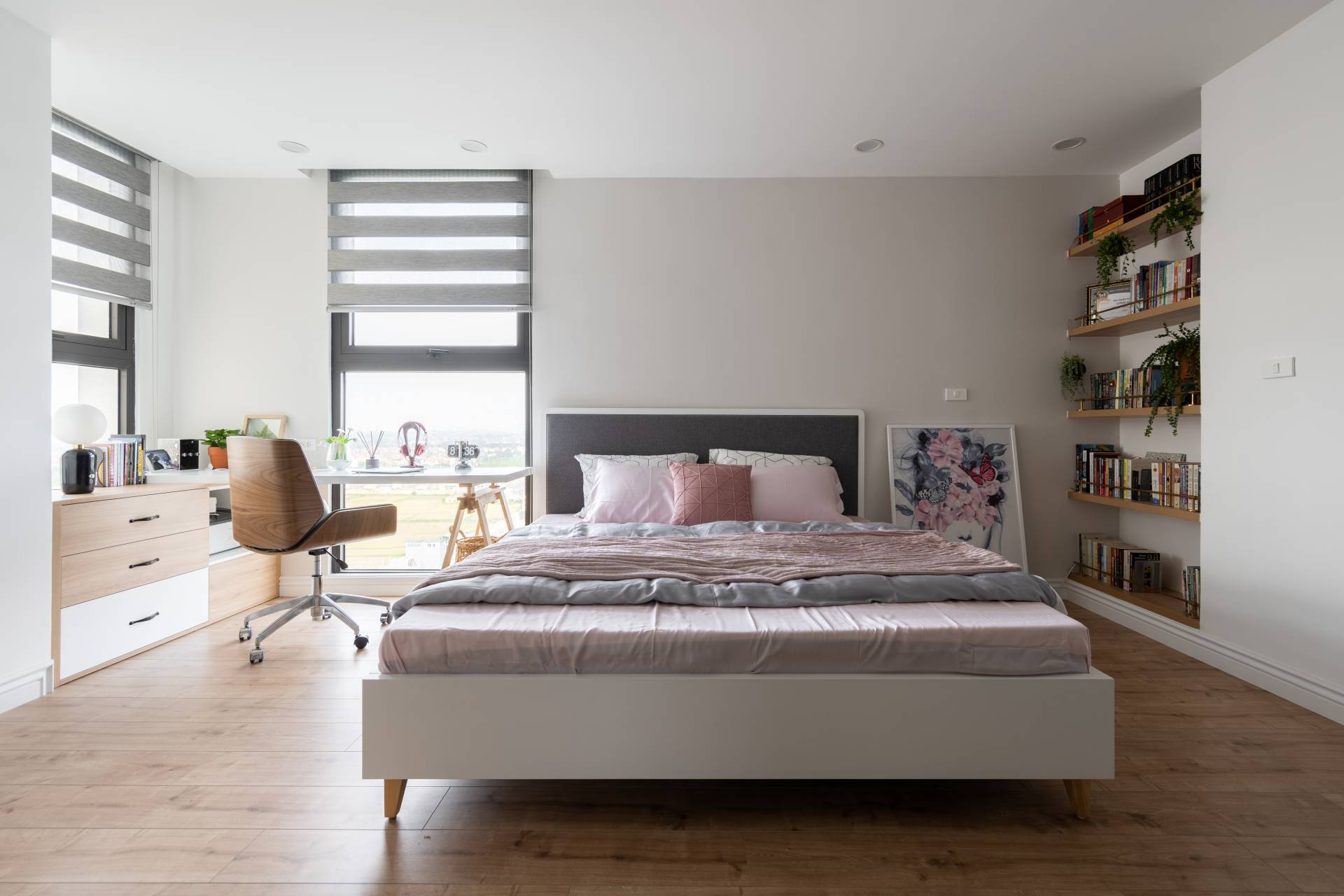 Master bedroom with soft, sweet and bright colors.