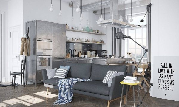Most of interior details in the room are used in gray and black with a strong industrial style