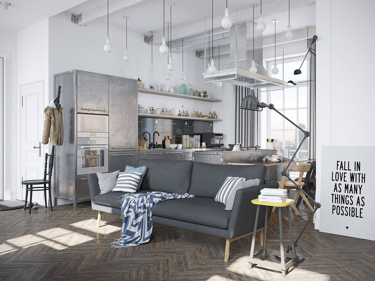 Most of interior details in the room are used in gray and black with a strong industrial style