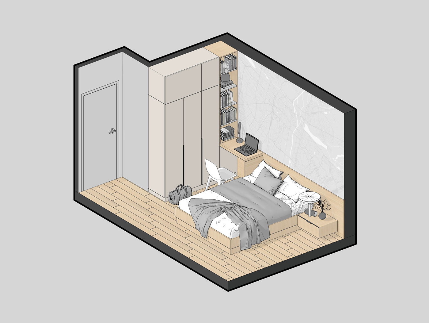 The perspective of the bedroom area.