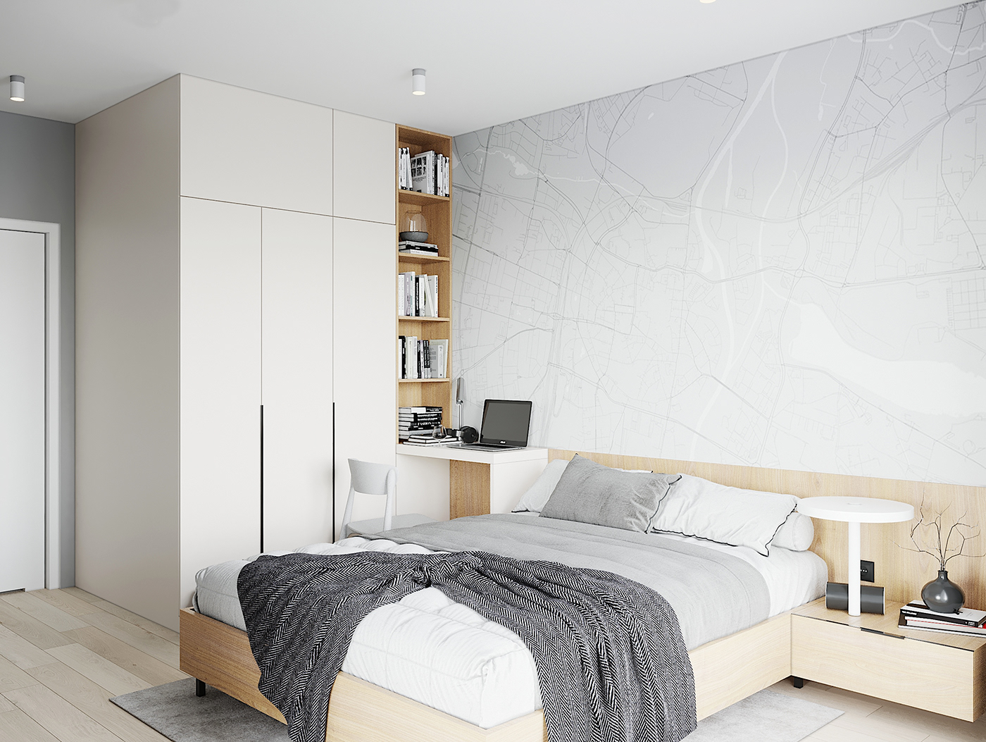 Designer ingeniously incorporates a working corner at the head of the bed to save space. The working area is intended to be minimalistic and light.