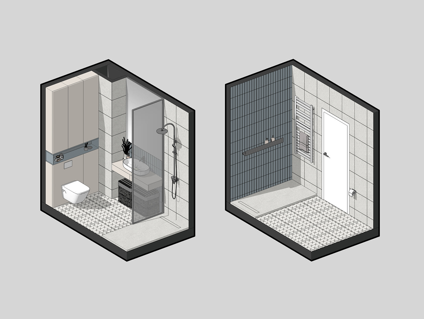 The perspective of the bathroom area.