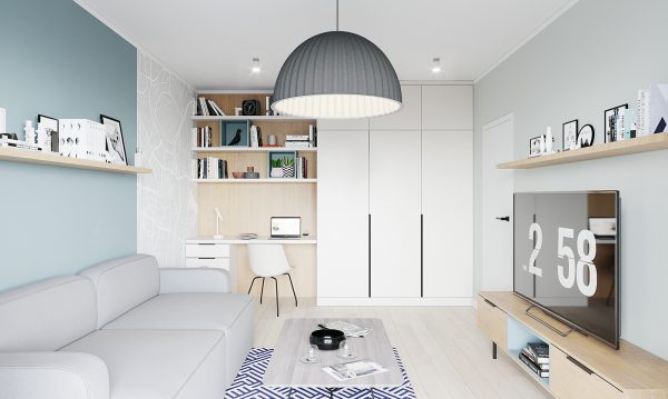 The combination of a living room and a workspace creates a sense of both uniqueness and convenience. The gray wall paint clearly distinguishes the workspace.