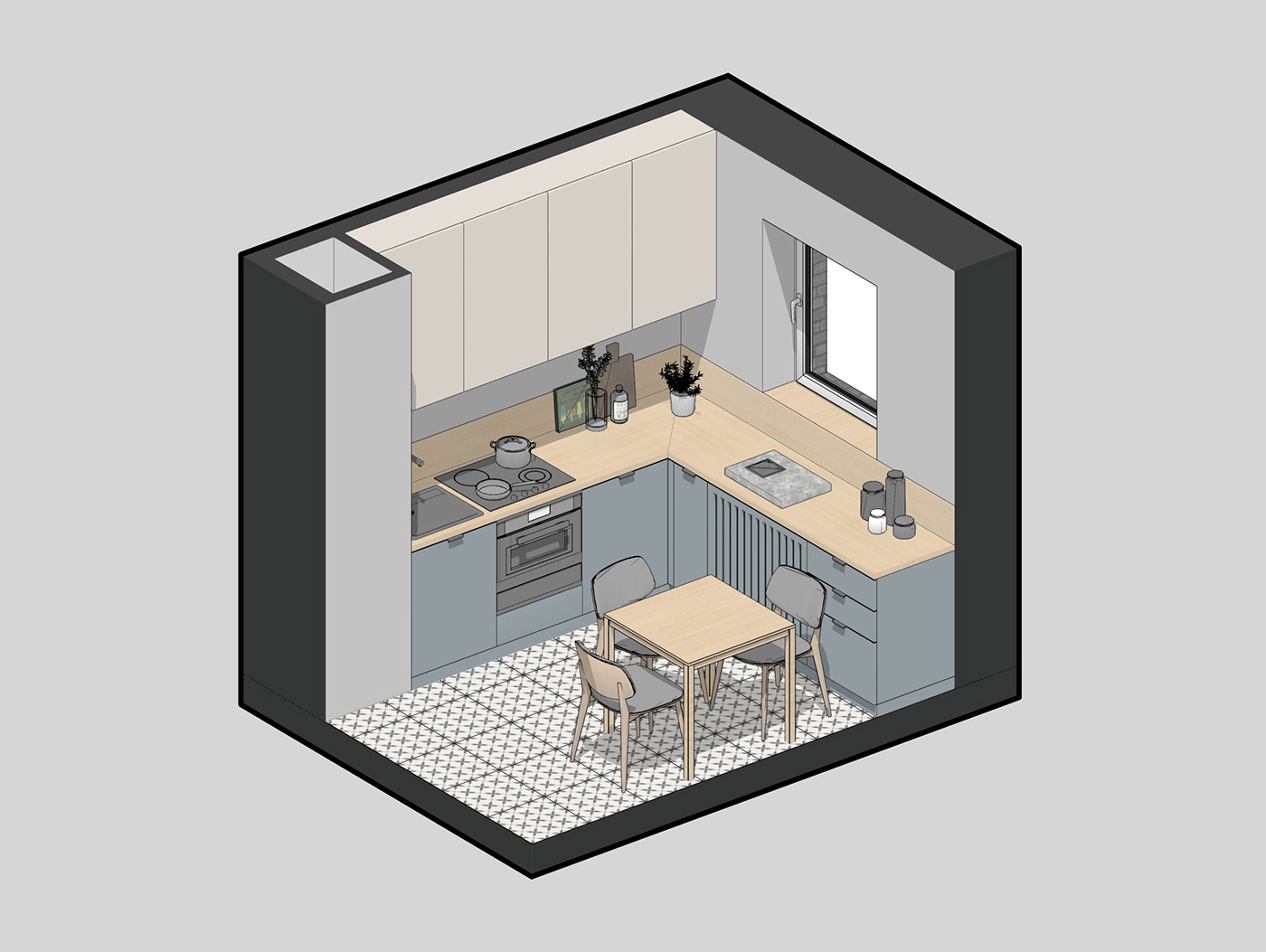 A 3D layout of a small and tidy kitchen
