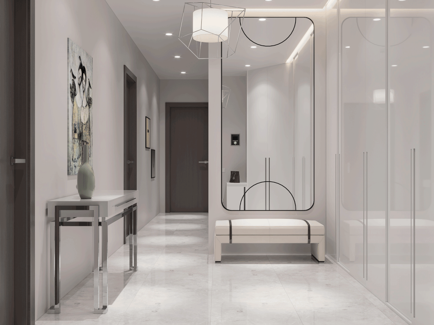 Marble is used to covering the floor, giving it a glossy and luxurious appearance. At the same time, it makes the transition between the wall and the house appear more natural, and the space seems wider and airier.