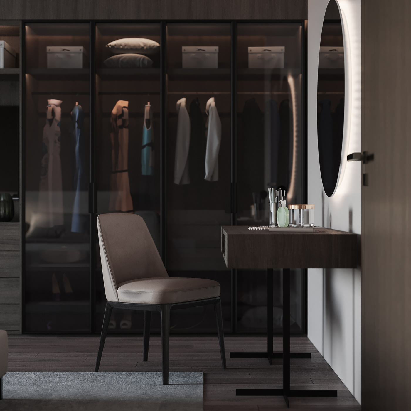 The compact dressing table is placed close to the wall to save room space