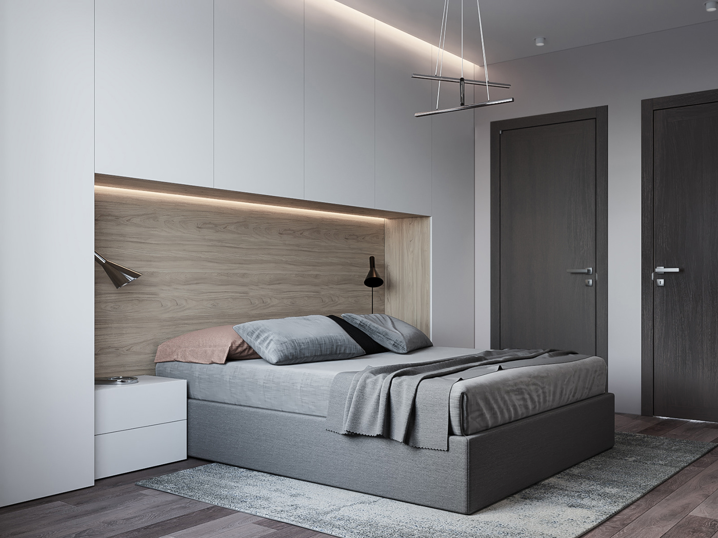 The headboard is decorated with wood to add warmth, coziness, and modernity to the space.