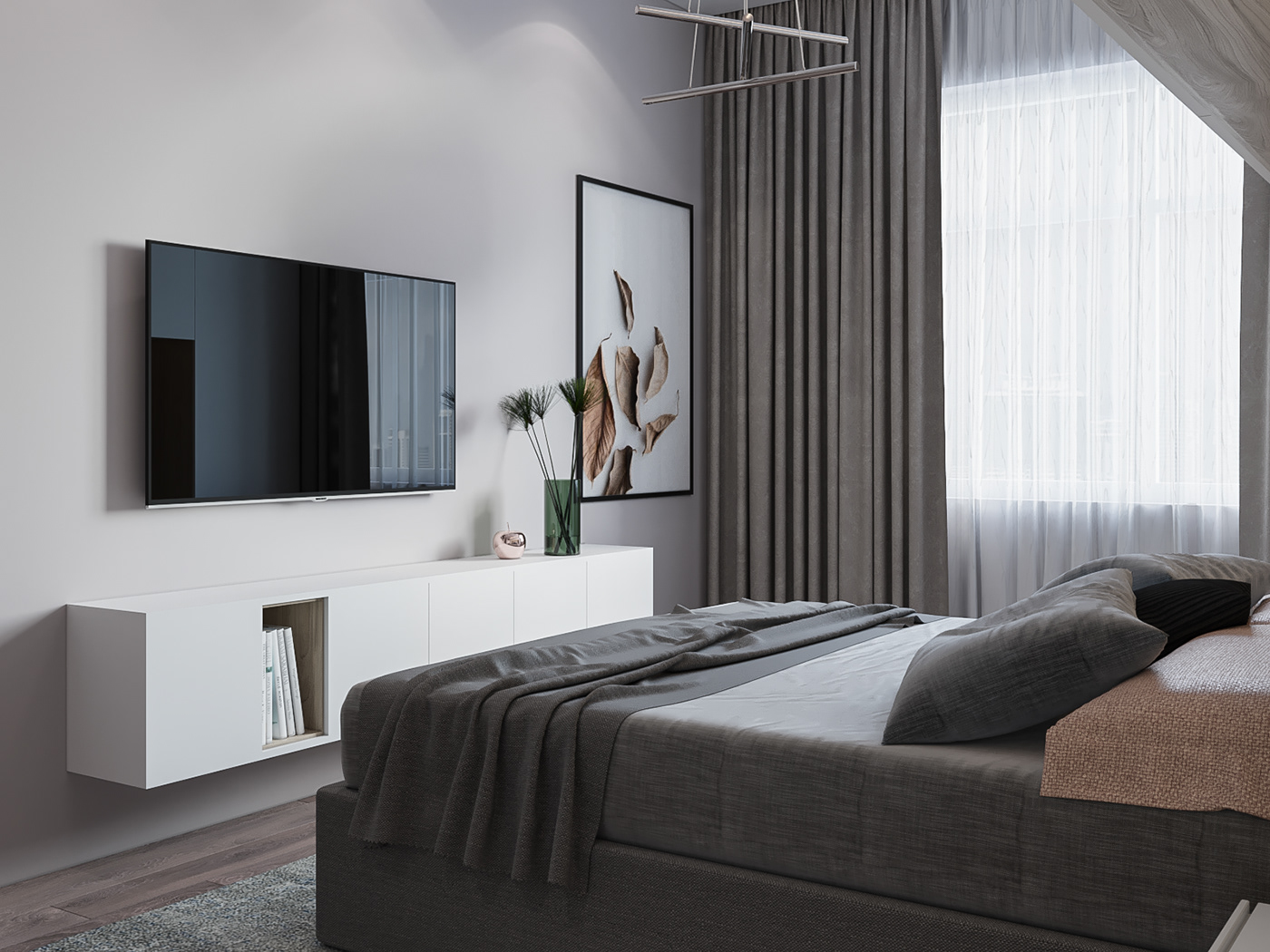 The bookcase is designed in a unique and modern style, giving the bedroom an impressive appearance.