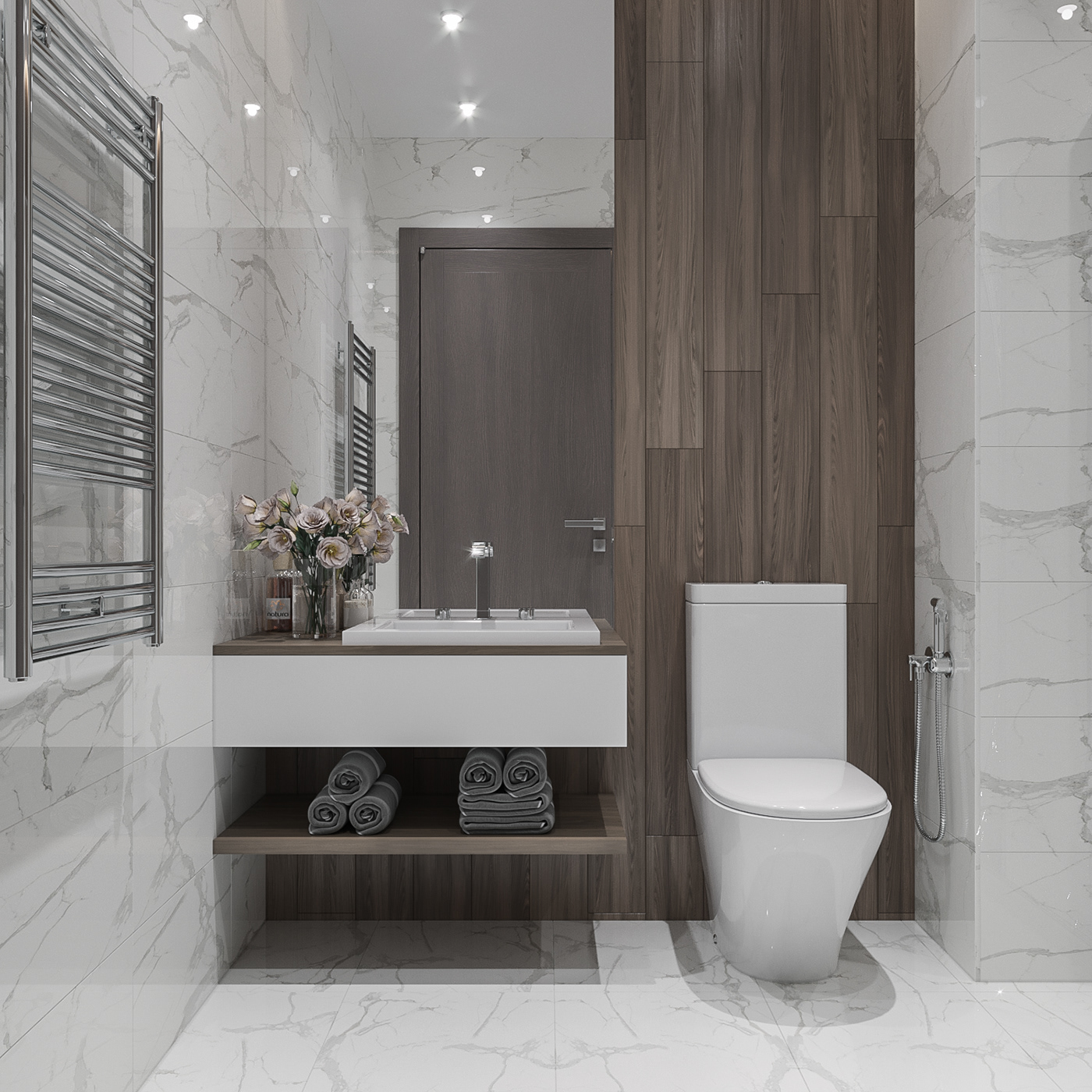 The bathroom is fully equipped with modern furniture such as a shower, a washbasin, and so on, resulting in a luxurious and modern bathroom space that allows people to rest and relax after a long day at work.