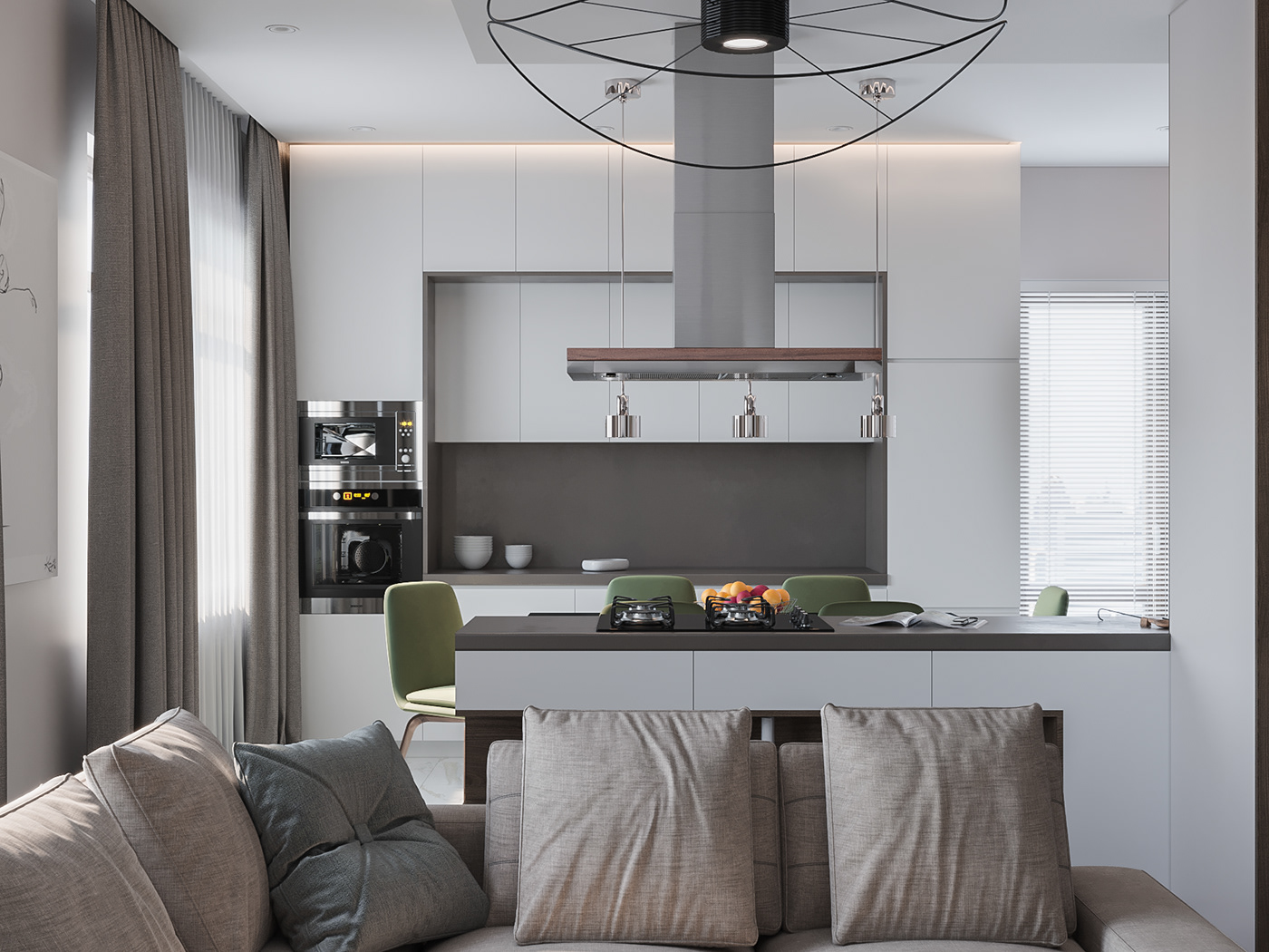 There is no dividing wall between the living room and the kitchen to create an airy open space.