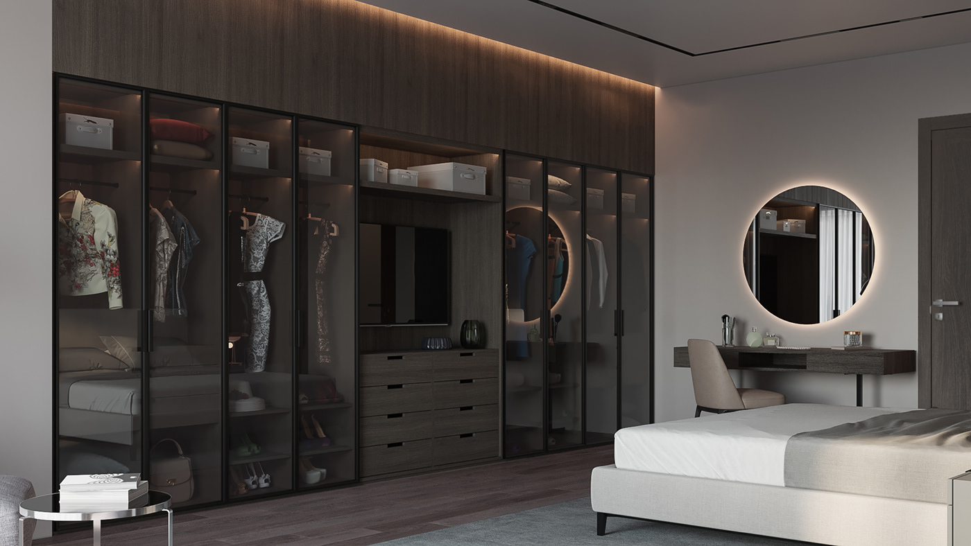 The built-in wardrobe brings a modern, luxurious, and sophisticated look to the bedroom.