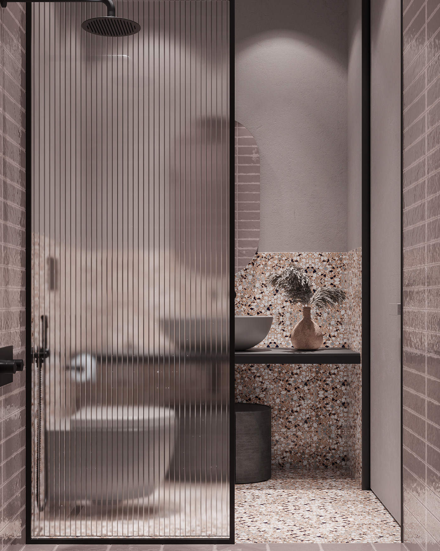The WC area is separate from the bathing area. The floor and walls are paved with pebble-patterned marbles, creating a sense of closeness to nature.