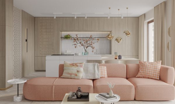 The living room uses a soft pink sofa and a small coffee table.