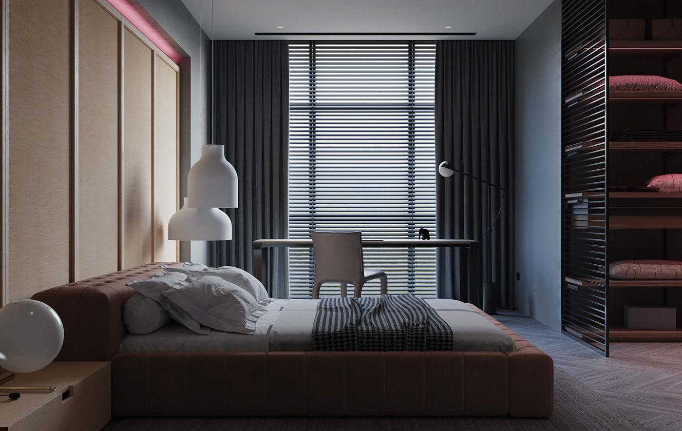 The master bedroom has a modern gray color, combined with a cozy wood color