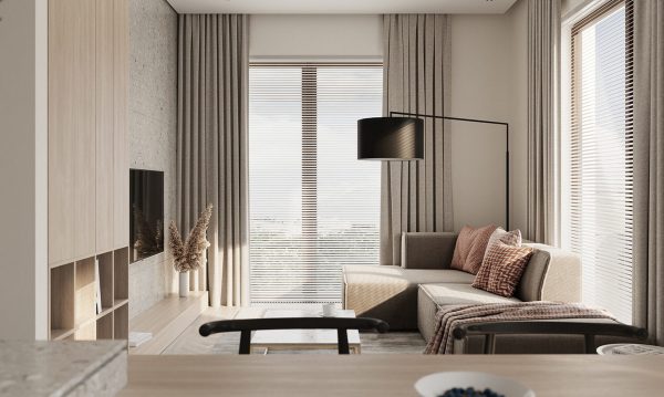 Small living room with bright colors is adorned by black interior.