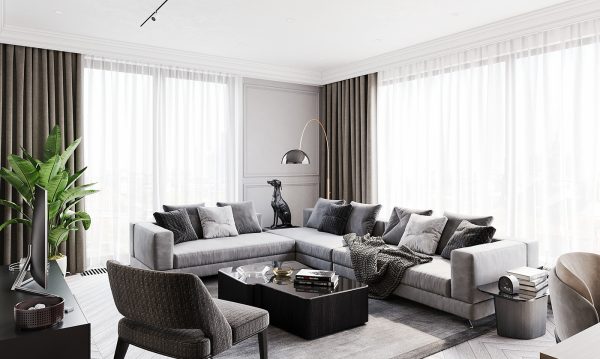 The black color is the central focus, asserting the house's strength and assertiveness. The elegant gray sofa set, combined with the dog art statue, will be an impressive showcase in the space's dominant white tone.