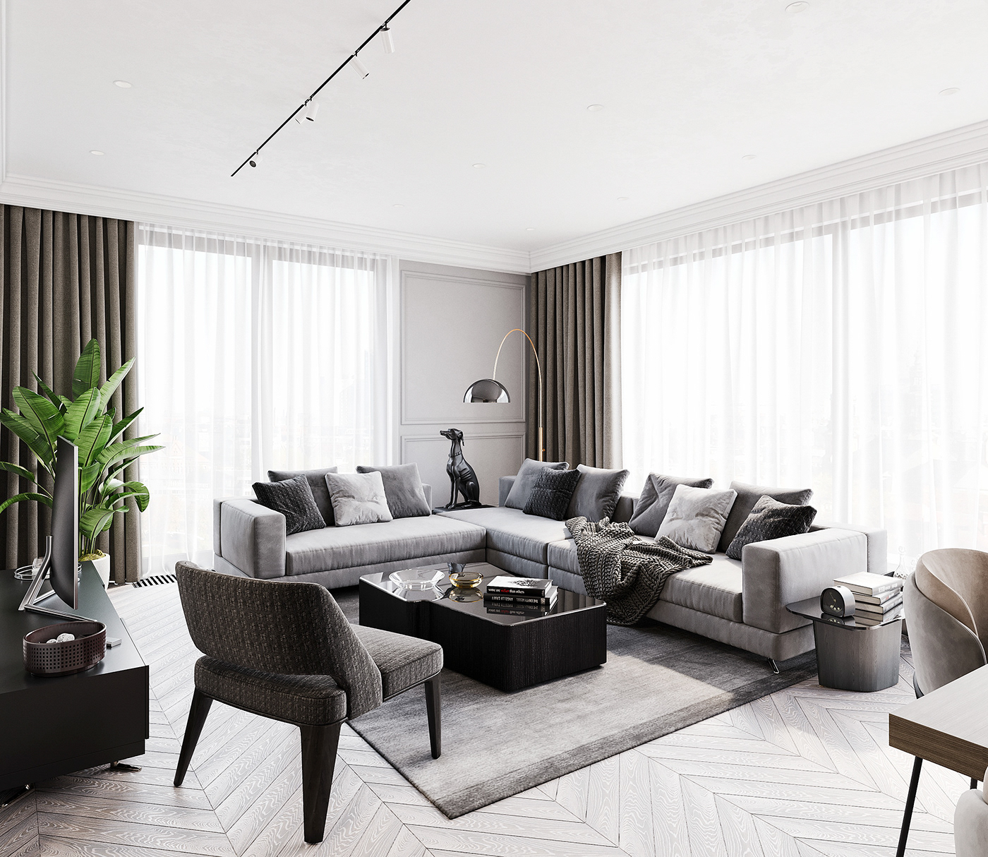 The black color is the central focus, asserting the house's strength and assertiveness. The elegant gray sofa set, combined with the dog art statue, will be an impressive showcase in the space's dominant white tone.
