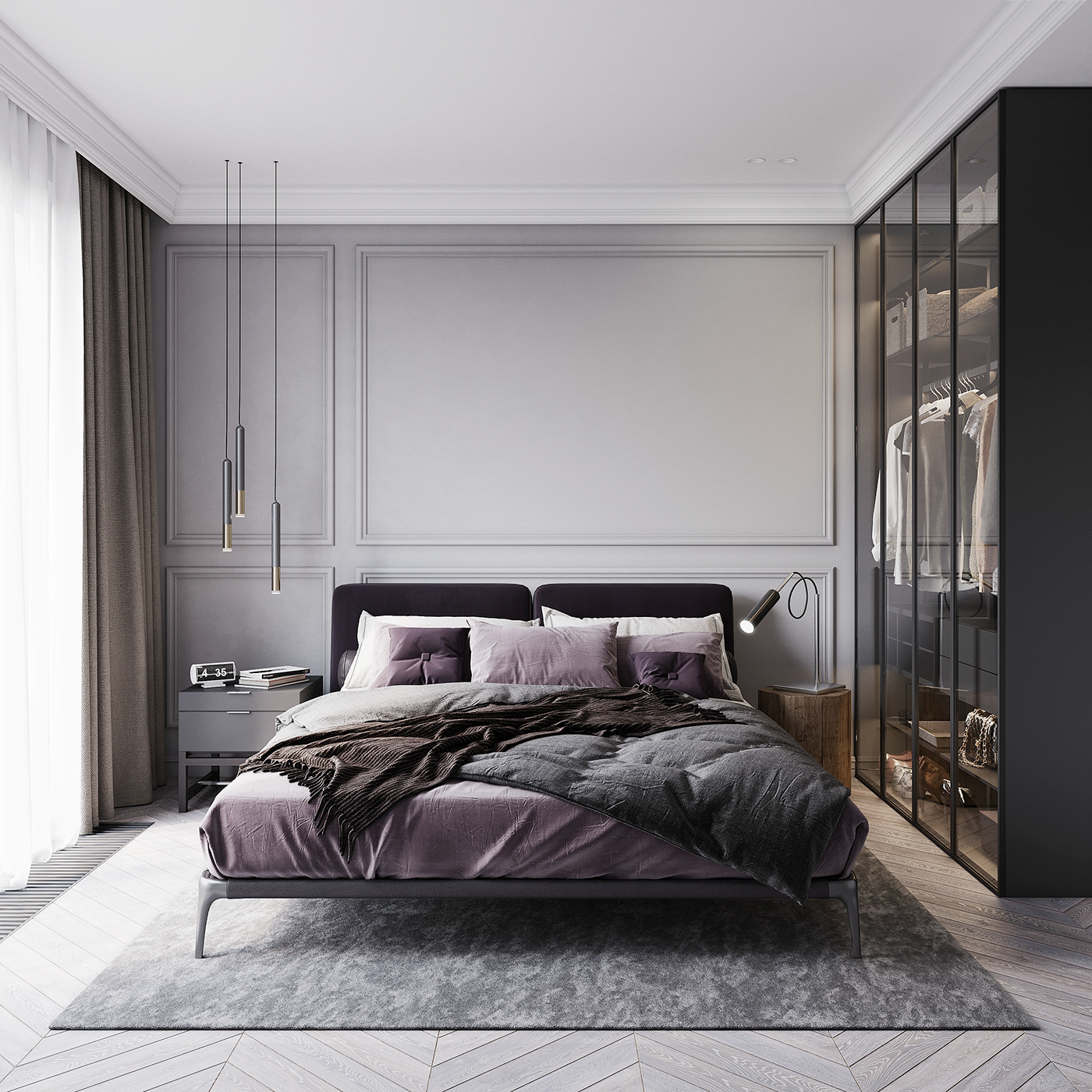 The bedroom is dominated by dreamy purple, graceful gray, and brown colors from the headboard wall, carpet to soft blankets.