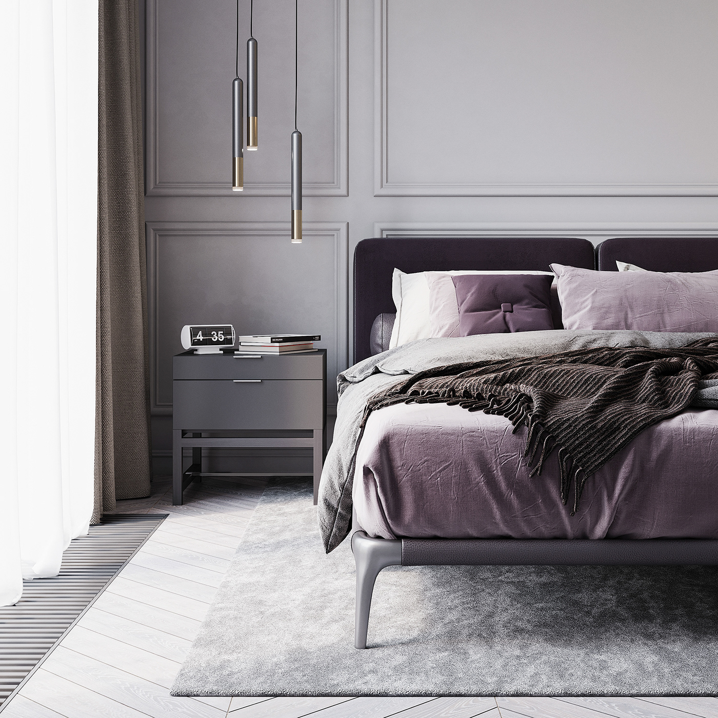 The bookshelf and an electronic alarm clock are ingeniously placed in the bedroom to provide easy access to the home's owner.