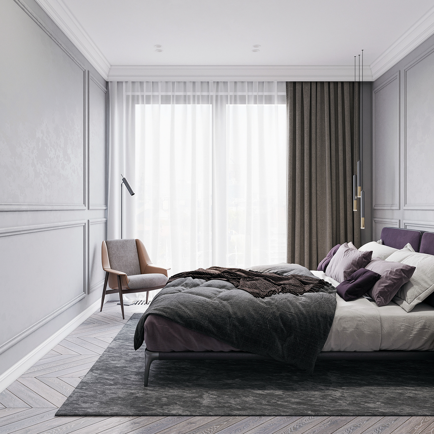 A reading area with a comfortable chair is located in the right corner of the bedroom, and a high floor lamp is ideal for those who enjoy reading or viewing documents in their bedrooms.