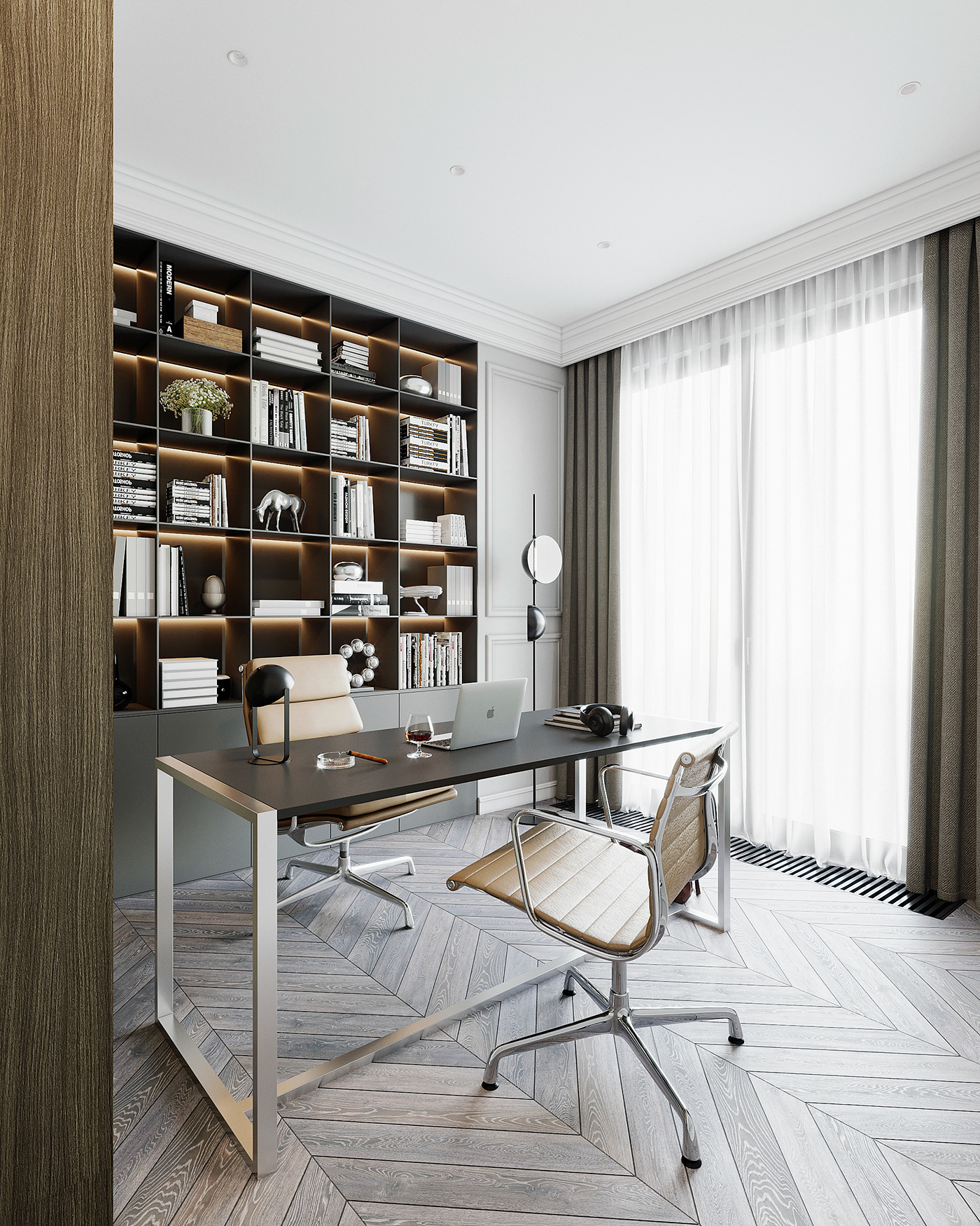 The workspace is bright because the window is designed with a transparent mirror to allow natural light in, and it is also fancy because of the black bookcase with an LED lighting system.