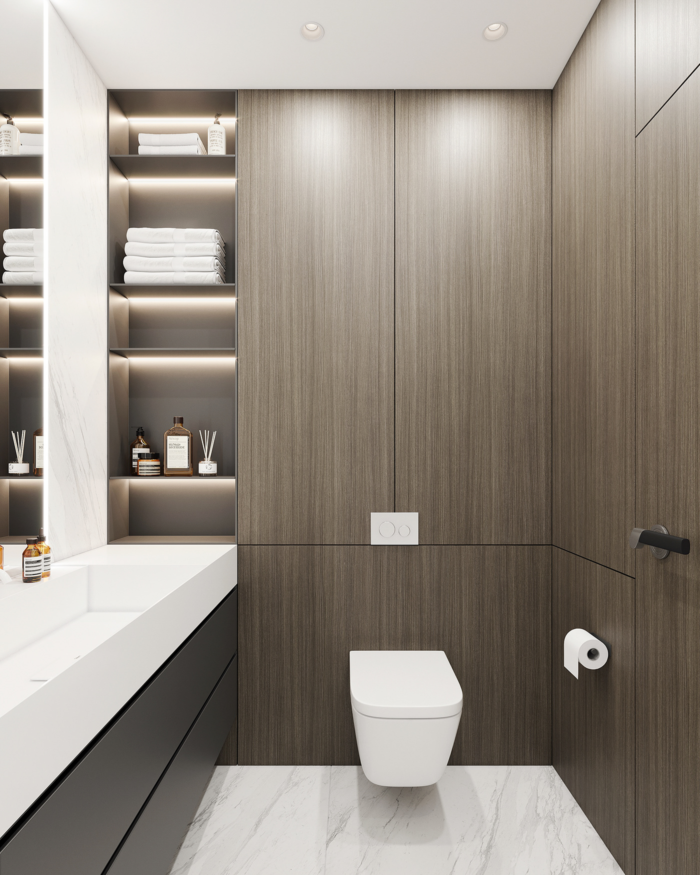 The toilet is designed to be wall-mounted to free up floor space, the back wall is also a beautiful storage cabinet.