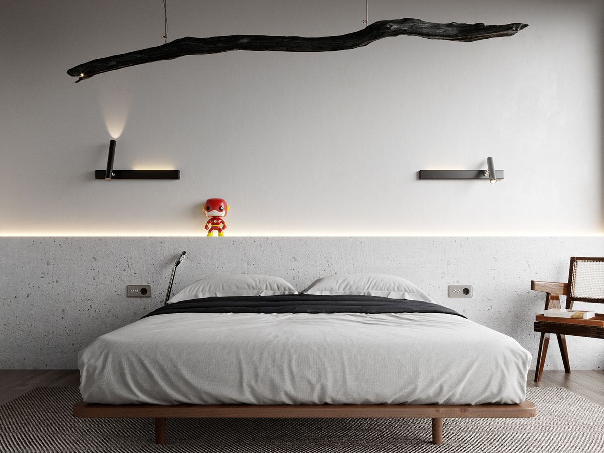 The bedroom in white-gray tones is soft but not monotonous.