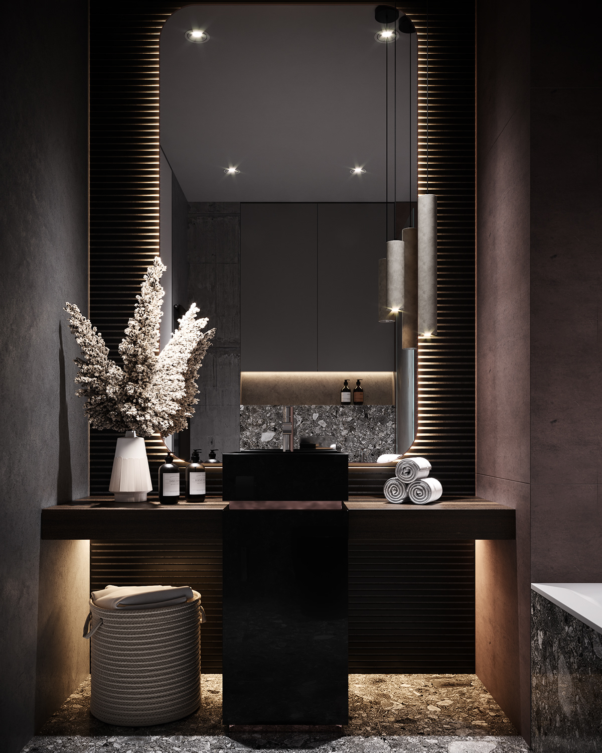 The bathroom looks mysterious with interior in black and different shapes.