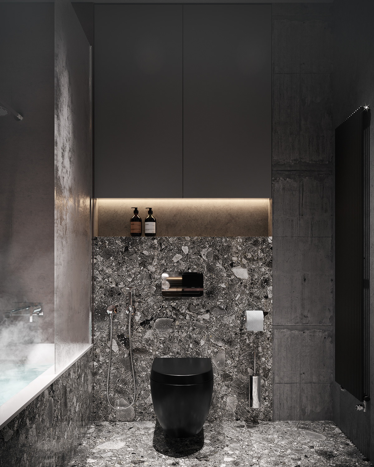 Stone in the bathroom is popular as it can help with good waterproofing.