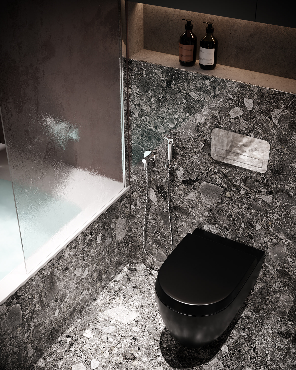 Black becomes the main tone of this mysterious bathroom.