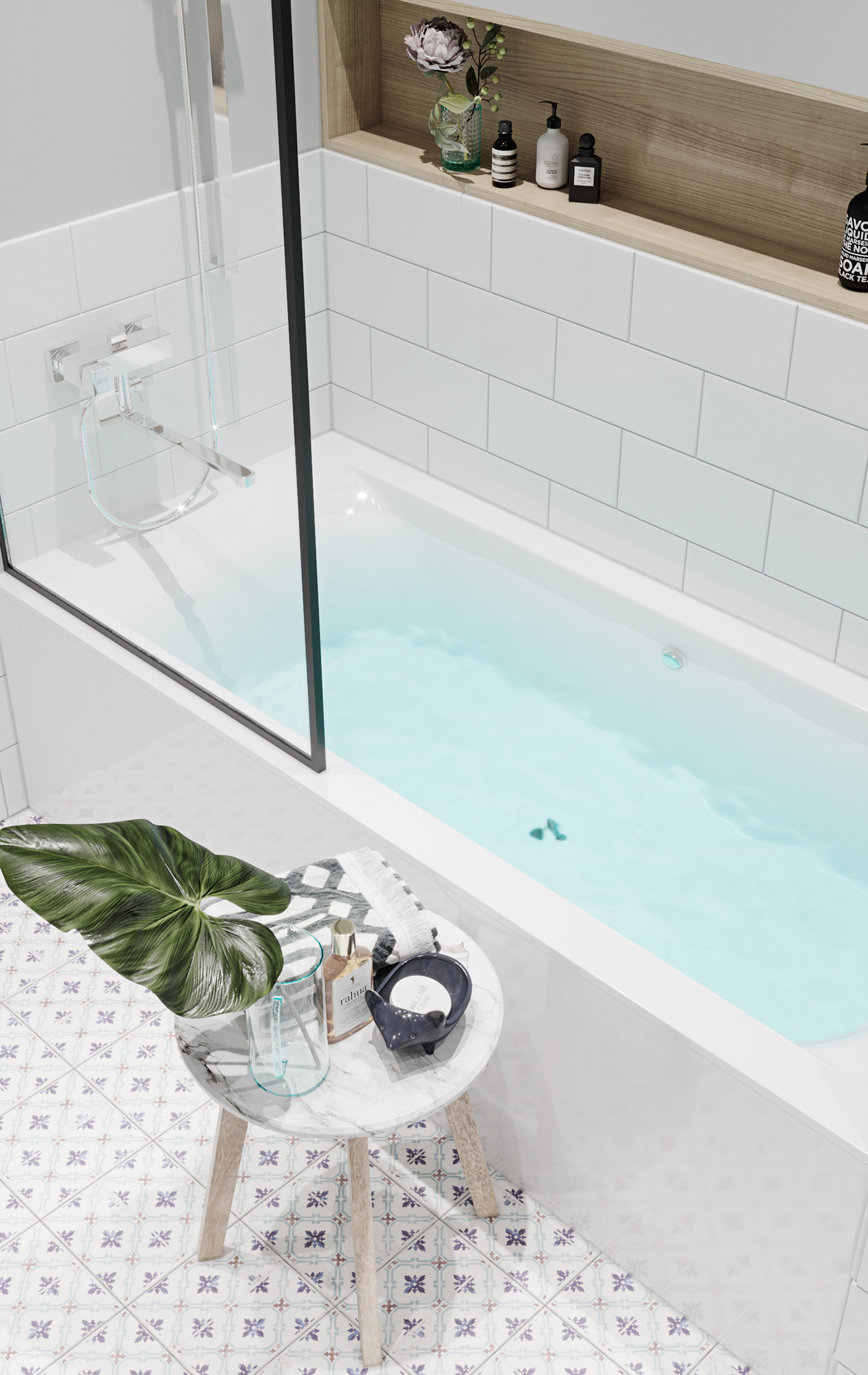 Scented candles and small items in the bathroom, helping homeowners relax while soaking in the tub after stressful working hours.