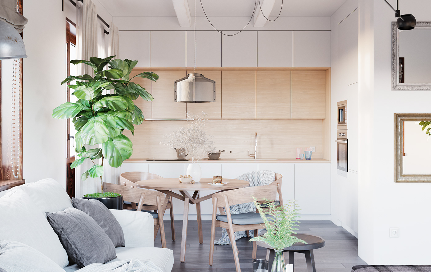 The kitchen, living room, and dining table are connected to create a sense of seamless space. Kitchen and dining room with compact area but still fully furnished and usable.