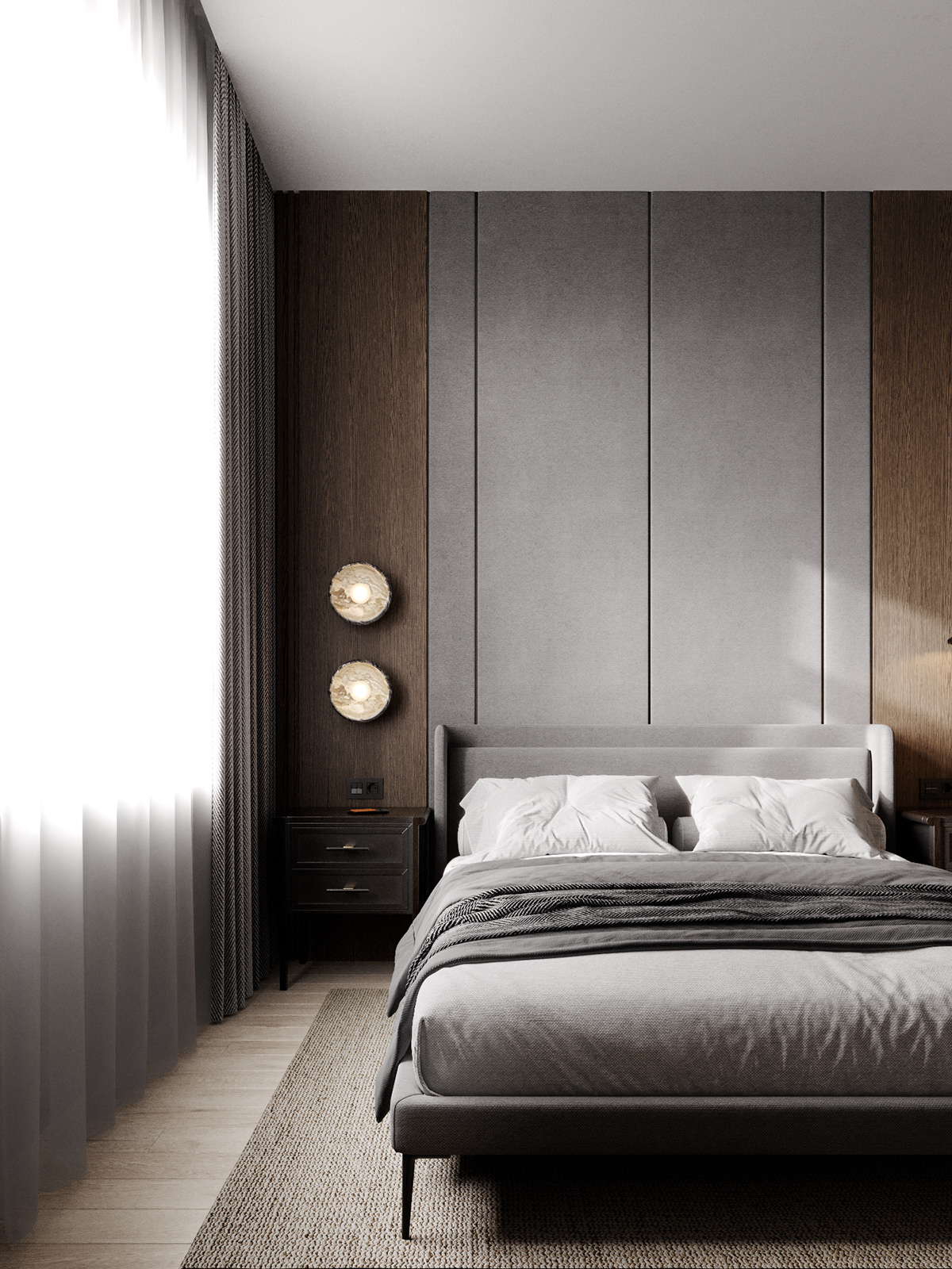 The main color in the bedroom is white-gray, emphasizing lightness, comfort, and coolness. The light brown carpet gives the bedroom a clean and decent appearance.