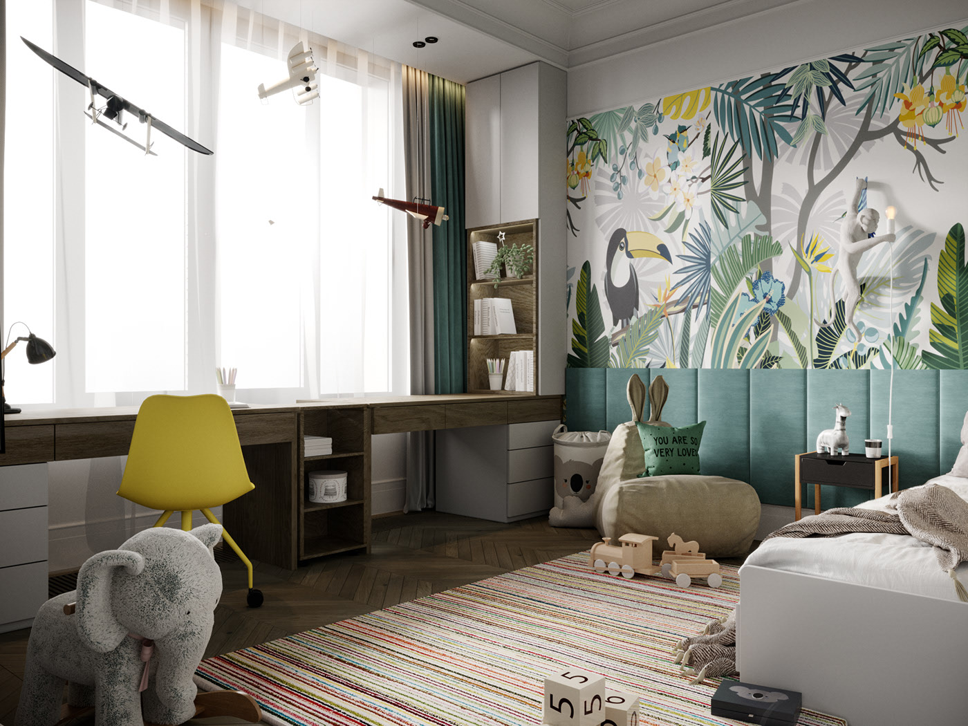 Bright colors are used in the children's bedroom, along with new, vibrant, and appealing decorative details. The interior is made of industrial wood to ensure durability and consistency.