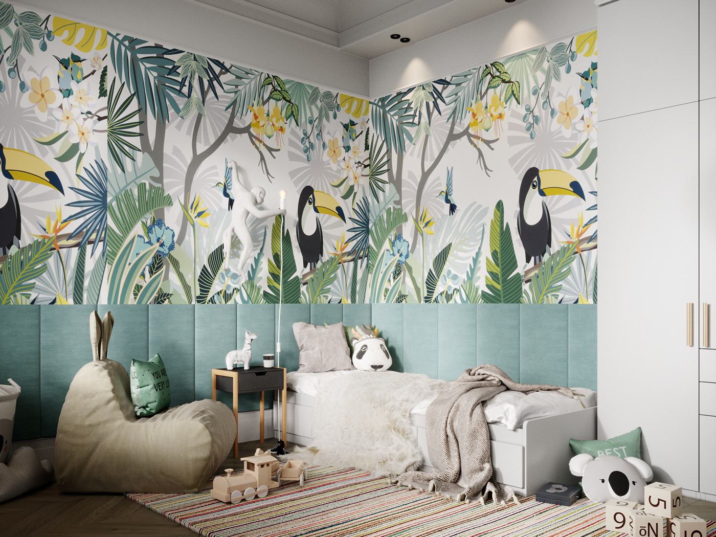 Animal-shaped wall paintings that are both funny and extremely beautiful help to make the bedroom space dynamic and full of creativity.