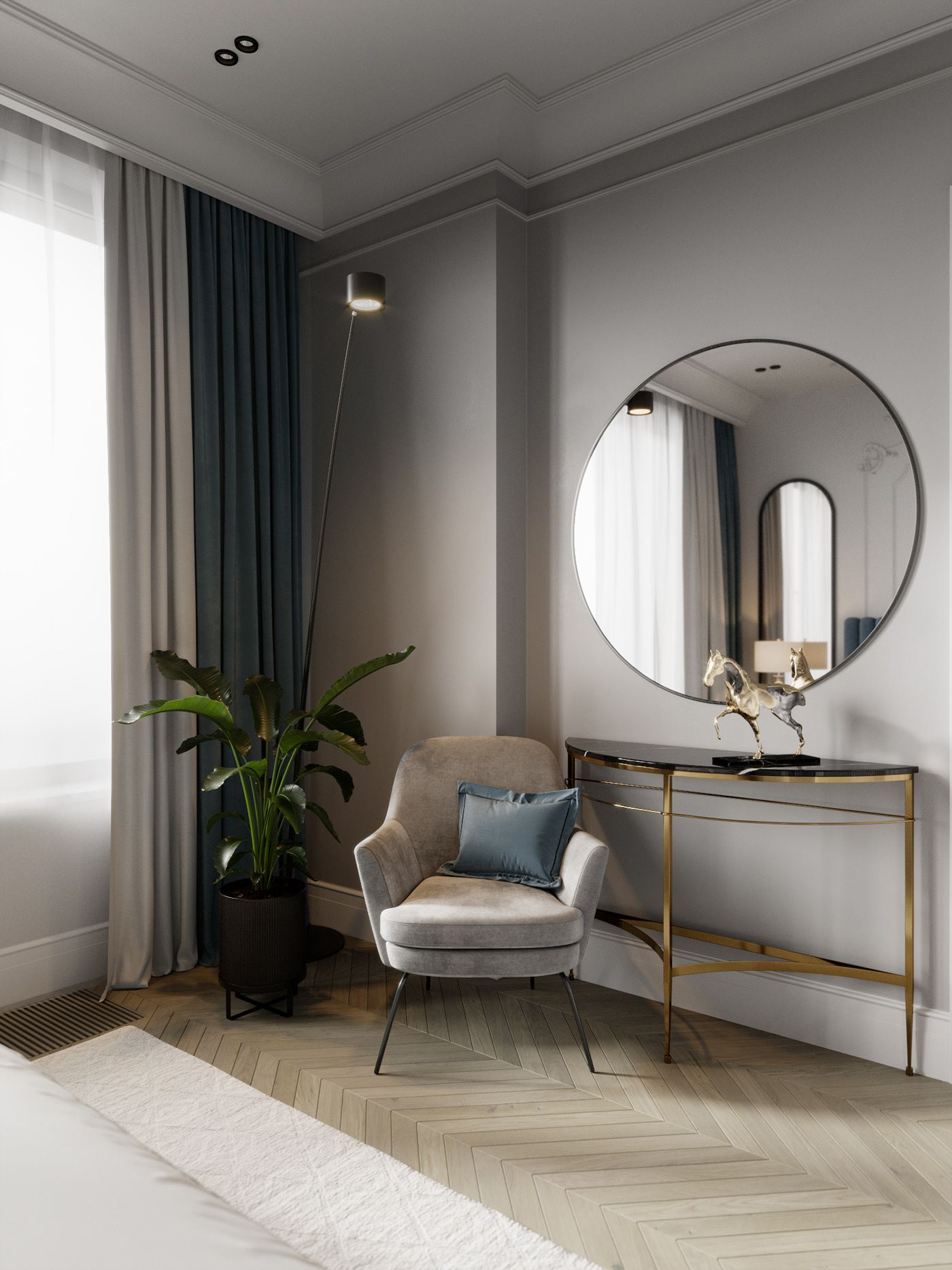 A great corner to relax and enjoy the warm rays of sunlight streaming through the transparent mirror door. The round wall mirror brings depth to the room as well as strengthens aesthetics.