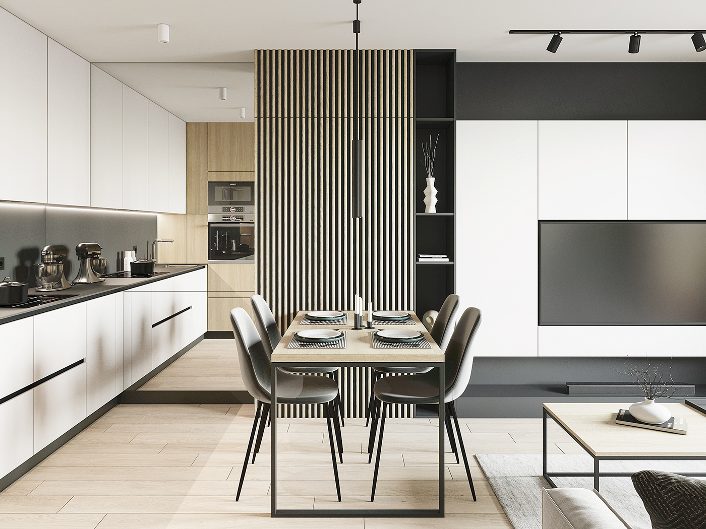 The stratification of three colors white, beige, and black creates a visually appealing effect. Wood grain floors blend in beautifully with the walls, cabinets, and tabletop.