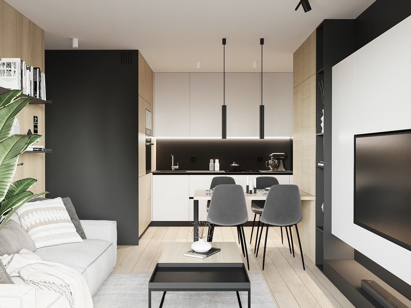 Colors of the apartment and the interior are in harmony with each other. Furniture are reasonably arranged to create an open space while maintaining privacy in each area.