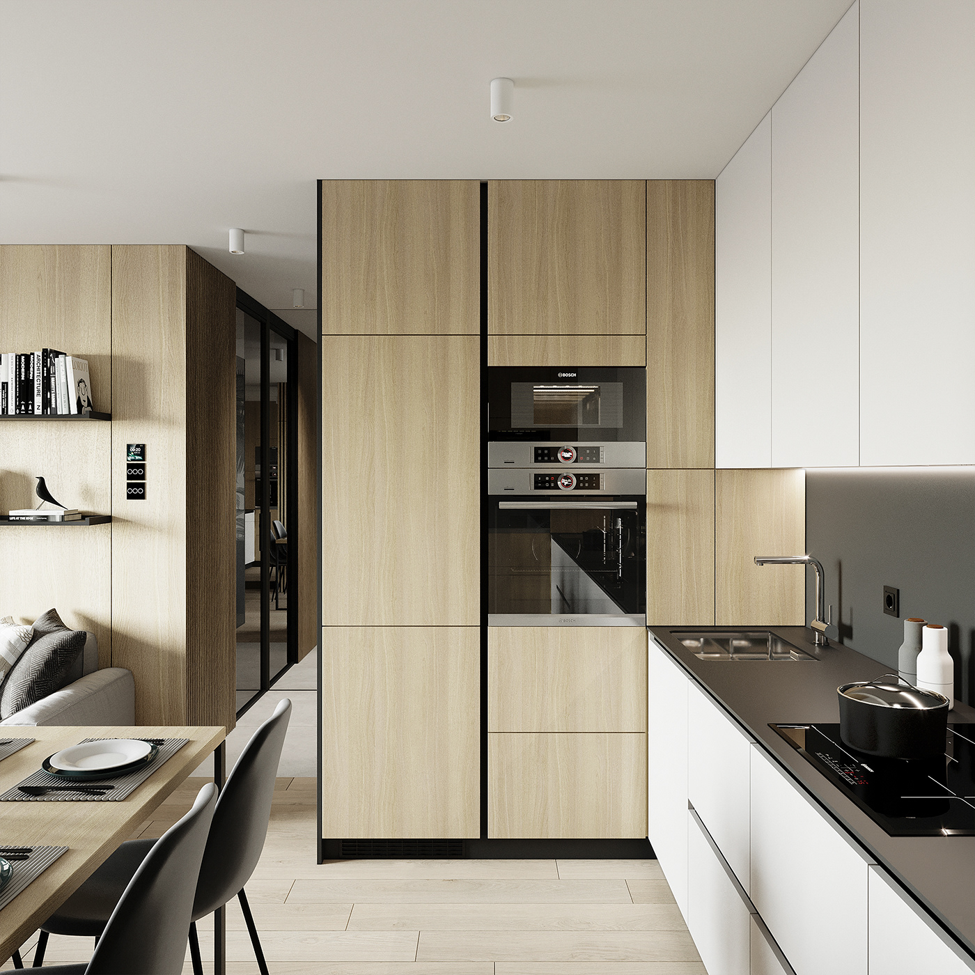 To maximize the apartment's space, a multi-function cabinet that integrates the oven, microwave, and refrigerator is placed in the kitchen.
