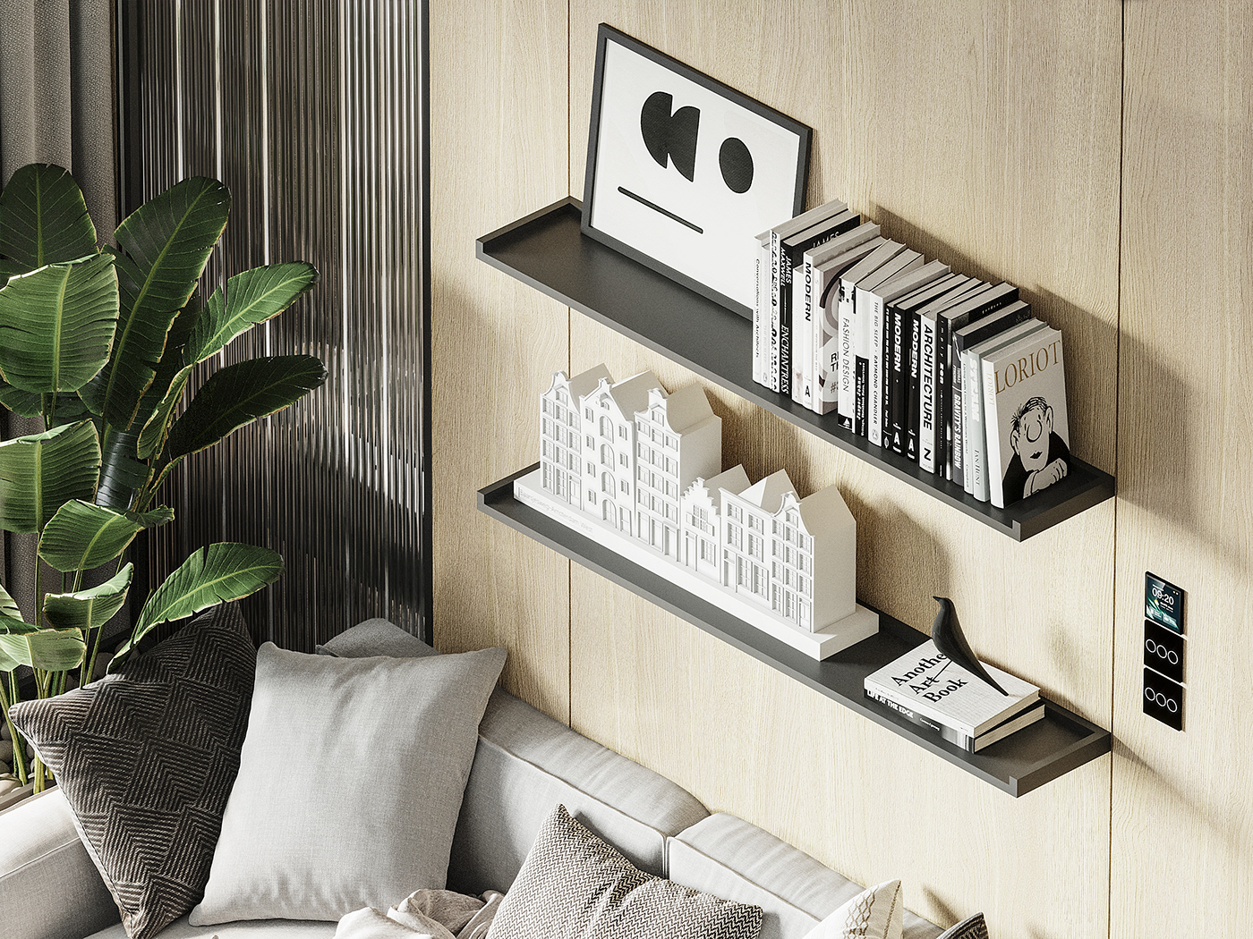 This corner is decorated with models and books in white and black as the main color.